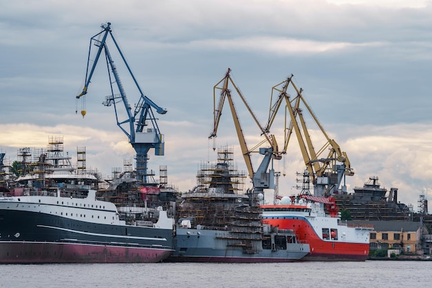 Construction of modern fishing minesweepers at the shipyard on the Neva River in St Petersburg