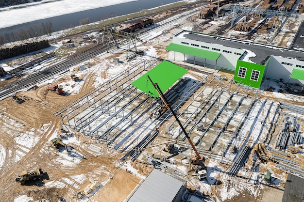 Construction of a modern wood processing factory top view.