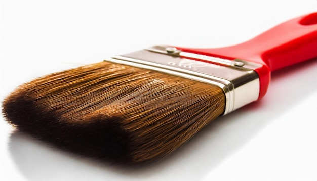 Construction paint brush with red wooden handle isolated on white