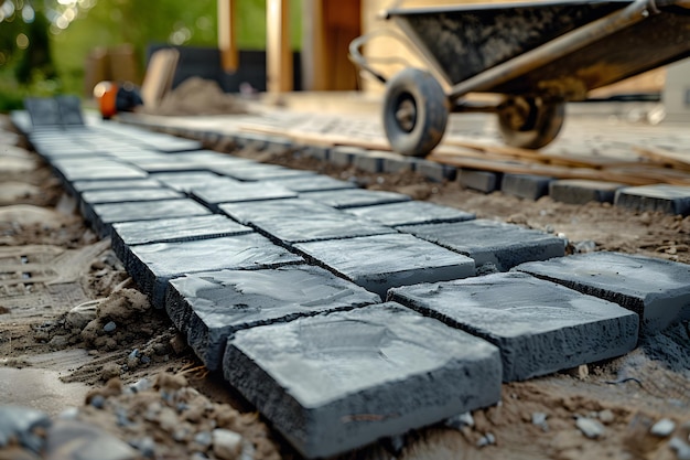 Photo construction of a paved pathway with freshly laid concrete blocks