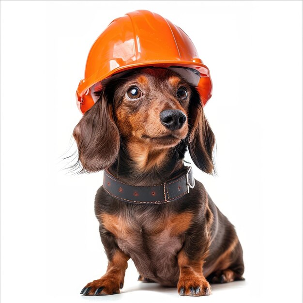 Construction Pet Brick Building Dachshund Dog Foreman in Orange Helmet