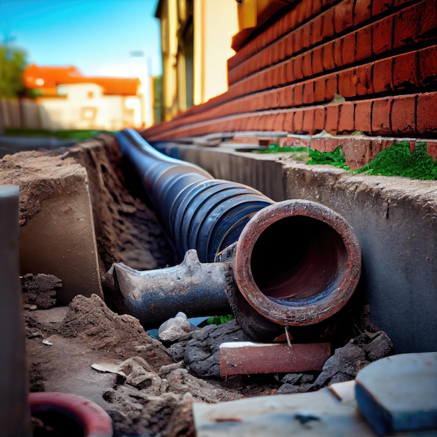 Construction pipe and sewerage line replacement of downpipes in the city created with generative ai