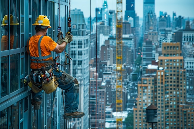 Construction Progress Construction Workers Installing Windows on Highrise Building