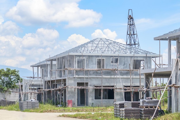 Construction residential new house with prefabrication system in progress at building site