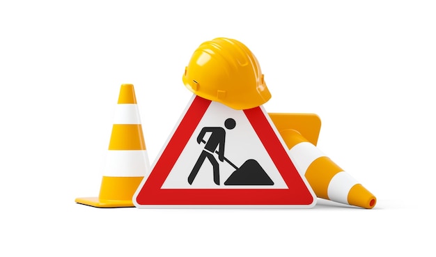 Under construction, road sign, traffic cones and safety helmet, isolated on white background. 3D rendering