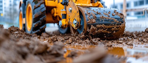 Photo construction roller compacting dirt on building site