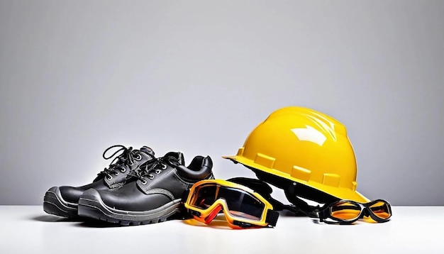 Construction Safety Equipment Gloves factory helmet Goggles and a pair of shoes white background