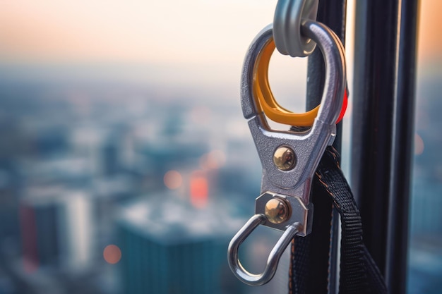 Construction safety equipment for work at height safety harness and seat belt closeup Generative AI