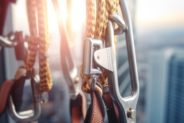 Construction safety equipment for work at height safety harness and seat belt closeup Generative AI