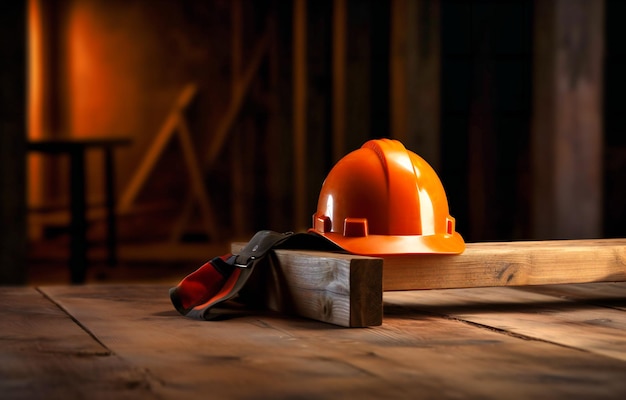 Construction safety orange hardhat and plank on table