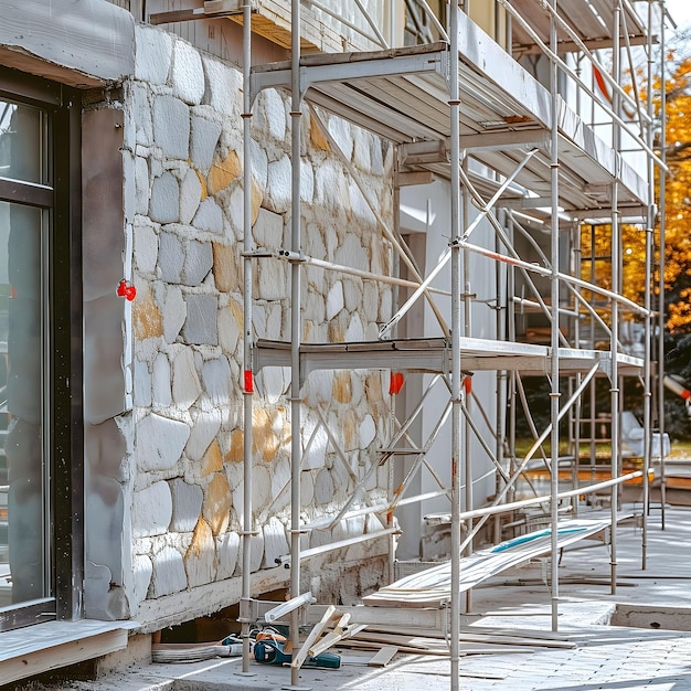 Construction scaffolding on building exterior with insulation work in progress