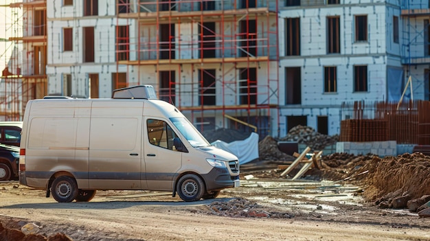 A construction services company van parked outside a residential construction site