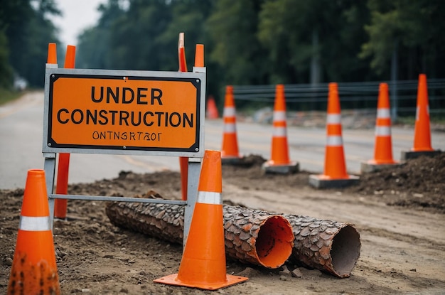 Under construction sign with cones