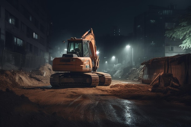 A construction site in the dark with a bulldozer on the back.