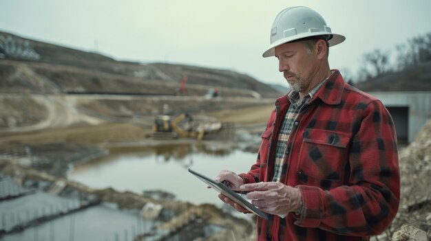 Construction site engineer in a plaid jacket using a digital tablet overseeing development in a quar