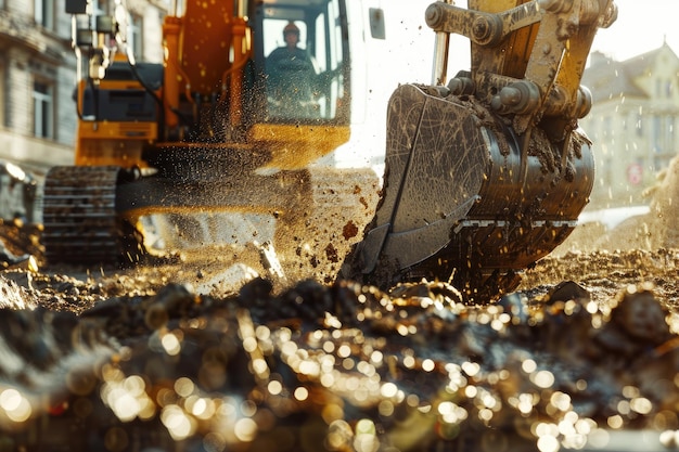 Construction site excavation with backhoe and crawler excavator