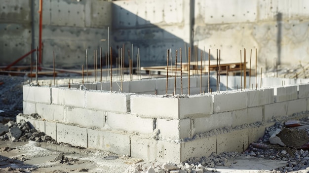 Photo a construction site foundation with partially built concrete walls and rebar illustrating the initial stages of a building project