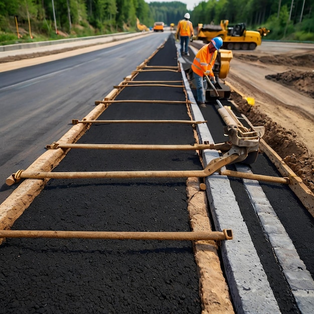 Photo construction site is laying new asphalt road pavement road construction workers and road construction machinery scene