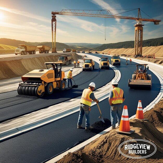 Photo construction site is laying new asphalt road pavement road construction workers and road construction machinery scene