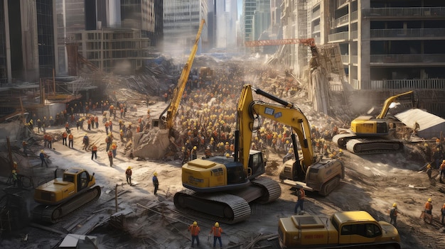 A construction site photo realistic illustration Generative AI Construction people excavator concrete