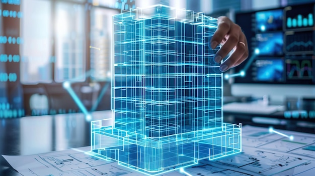 Construction site simulation concept building hologram Engineer designs building structure on blueprint