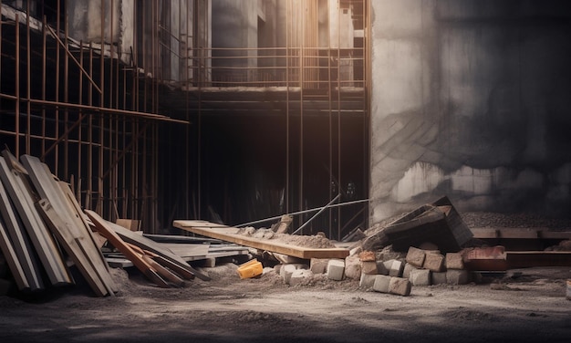 A construction site with a concrete floor and a brick wall with a beam of light coming through it.