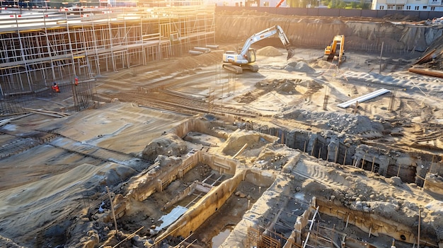 Construction site with concrete foundation and drainage system being installed for n Generative AI