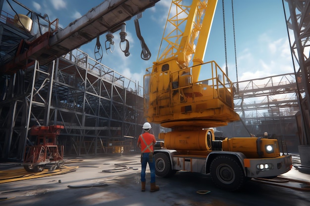 A construction site with a crane in the background