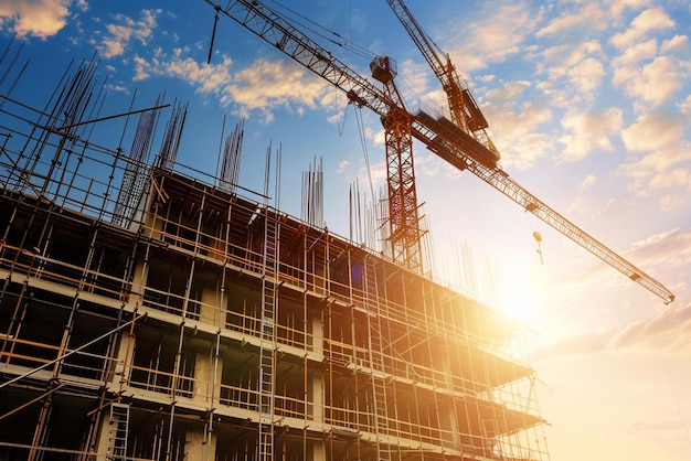 a construction site with a crane and the sun behind it