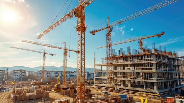 Construction site with crane underconstruction building