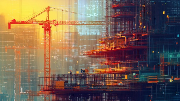 Construction Site with Cranes and Scaffolding Painting