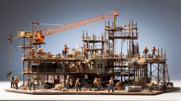 A construction site with cranes scaffolding and workers in reflective vests