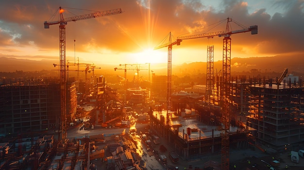 A construction site with cranes and a sunset in the background