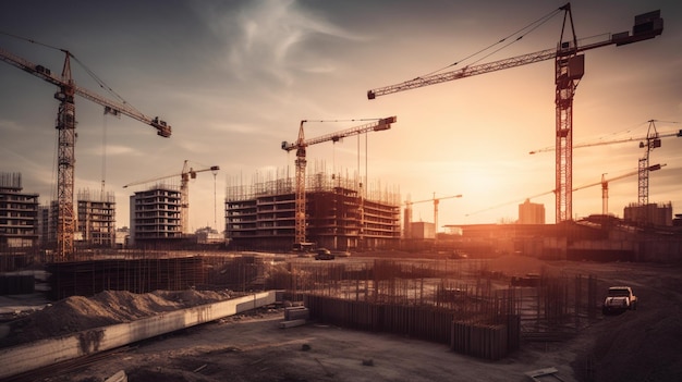 A construction site with cranes and a sunset sky