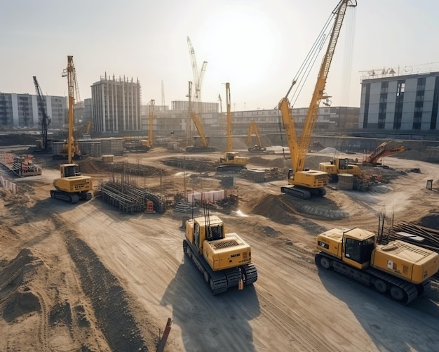 Construction site with cranes and trucks at sunset