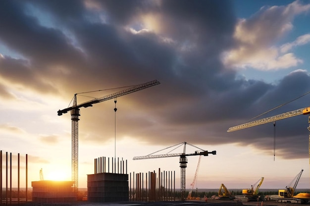 Construction site with cranes work at cloudy sky sunset backdrop View of industrial crane on creation site Concept of construction industrialization and renovation of buildings Copy ad text space