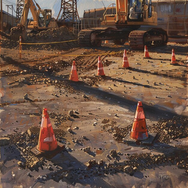 Photo a construction site with orange cones and a yellow construction vehicle