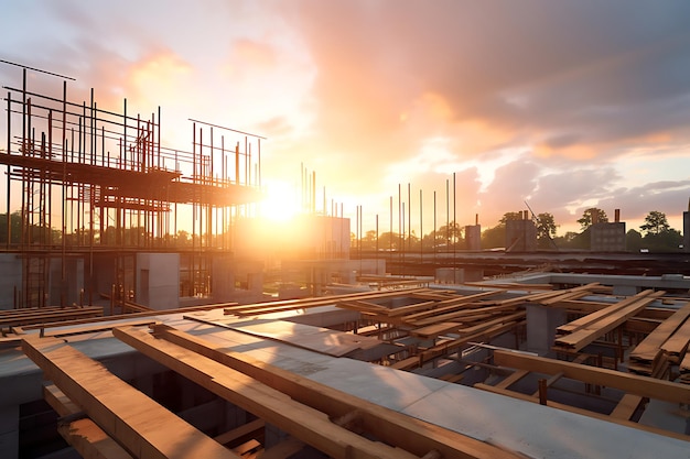 construction site with scaffolding at sunset closeup of photo