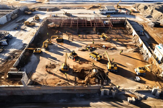 construction site with workers in the process of building top view