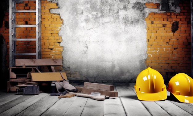 Construction site with a yellow construction hard hat and a yellow construction hard hat.