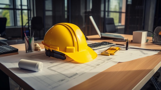 A construction site with a yellow hard hat and a pair of glasses on top of a desk.