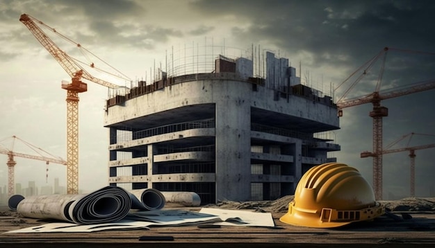 A construction site with a yellow hard hat and a yellow hard hat.