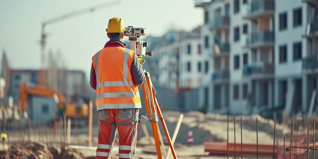 Construction site worker using theodolite to measure distances heights and angles