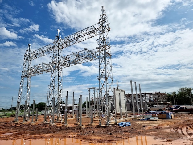 Construction of Steel structure of high voltage takeoff tower in the switchyard