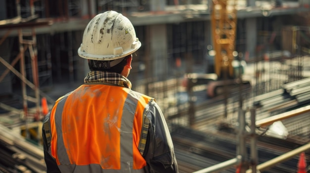 Construction Supervisor Overlooking Building Site A construction supervisor stands overlooking a building site contemplating the progress of the construction project in an urban setting