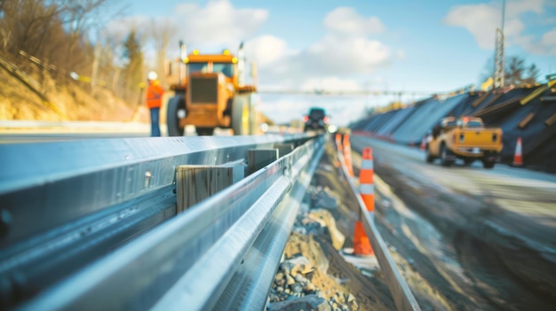 A construction team installing highway guardrails and safety barriers along a newly constructed