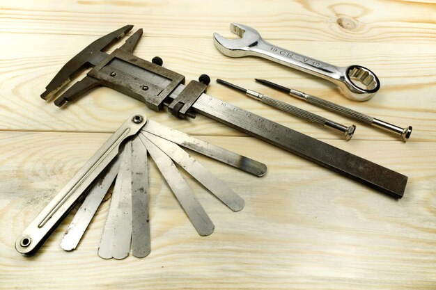 Construction tool on wooden table