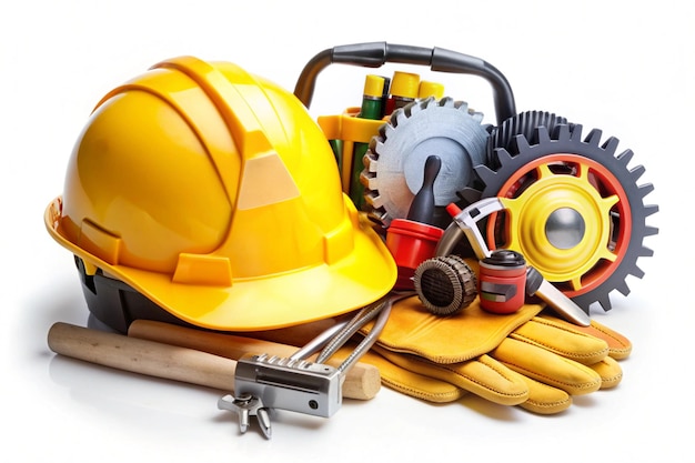 Construction tools gear and safety equipment on white background isolated