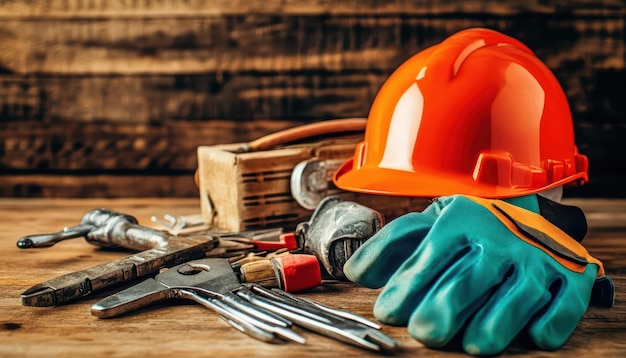 Construction Tools Safety Gear on Wooden Background