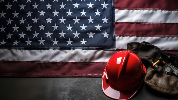 Construction tools with the flag of the United States of America on a dark background with copyspace